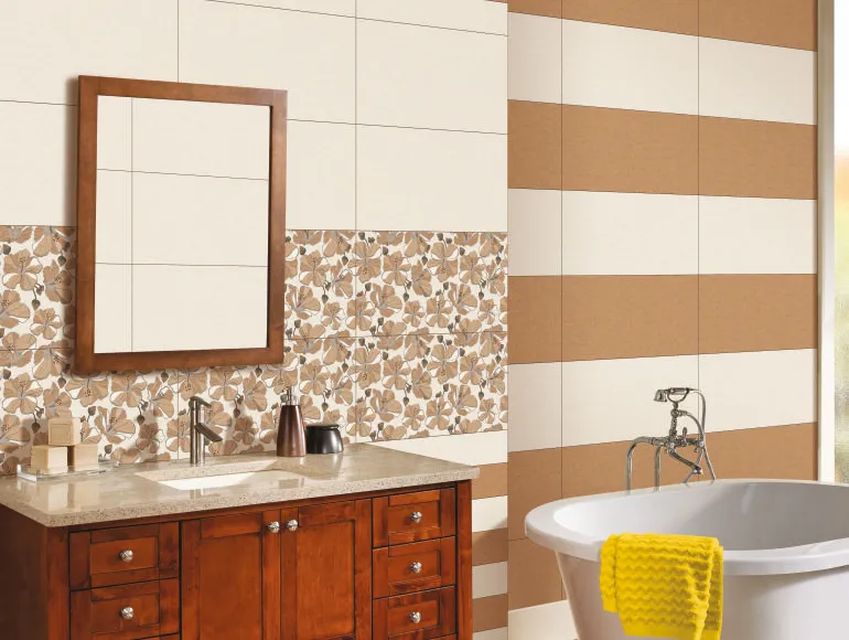 Stylish SDH Arena Flora tiles in a beige bathroom design with a sink and bathtub